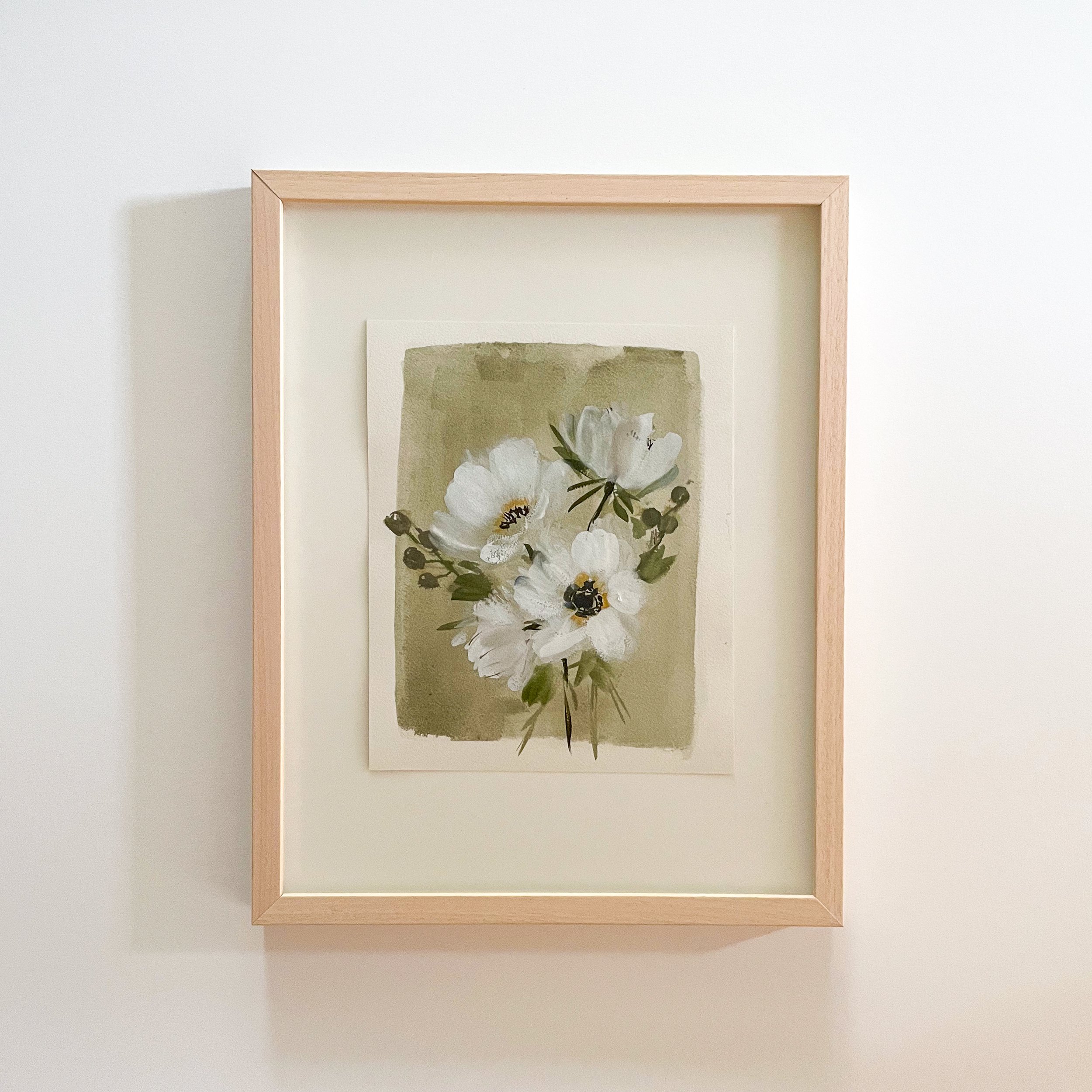 White Anemone Framed 14x18 Original Watercolor — LaCott Fine Art